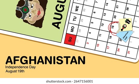 Afghanistan Independence Day reminder on August 19th in a wall calendar with illustrative people wearing the nation's traditional attire.