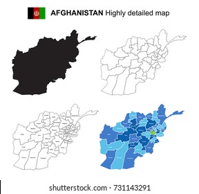 Afghanistan - Isolated vector highly detailed political map with regions, provinces and capital. All elements are separated in editable layers EPS 10.