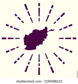 Afghanistan logo. Grunge sunburst poster with a map of the country. The shape of Afghanistan is filled with hex digits and surrounded by sunburst rays. Awesome vector illustration.