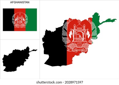 Afghanistan map with Afghan flag background - map as a black pattern and flag of Afghanistan available separately