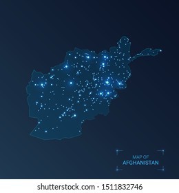 Afghanistan map with cities. Luminous dots - neon lights on dark background. Vector illustration.