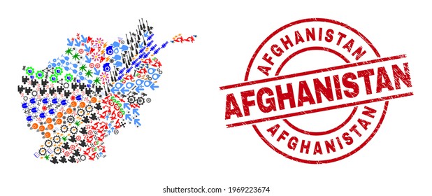 Afghanistan map collage and distress Afghanistan red round badge. Afghanistan badge uses vector lines and arcs. Afghanistan map collage contains gears, homes, screwdrivers, suns, men,