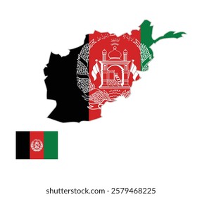 Afghanistan Map with Flag Below on Right Side. Map of Afghanistan with the National Flag Positioned Below on the Right, Representing Afghanistan Unity and Identity.