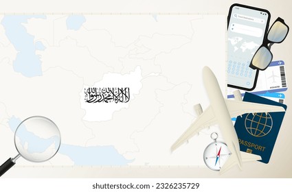 Afghanistan map and flag, cargo plane on the detailed map of Afghanistan with flag, passport, magnifying glass and airplane. Vector template.