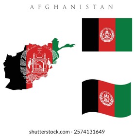 Afghanistan map with flag embeded inside with 2 afghanistan flags wavy flag and rectangular flag vector illustration