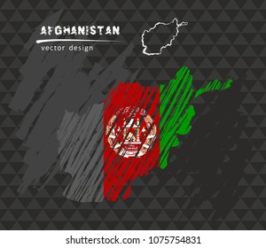 Afghanistan map with flag inside on the black background. Chalk sketch vector illustration