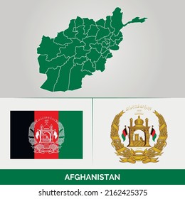 Mapa de Afganistán, bandera y emblema nacional Vector Premium