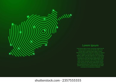Afghanistan map from futuristic concentric green circles and glowing stars for banner, poster, greeting card