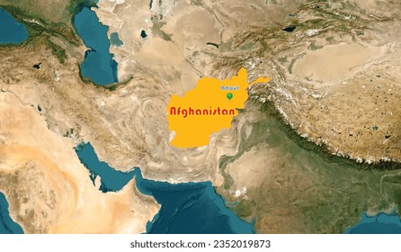 Afghanistan map with a globe map background. The country is an Asian member known for dry climate, its long-running conflict with the United States. A 3D pushpin depicting Kabul, the capital city. 