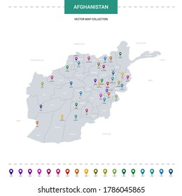 Afghanistan map with location pointer marks. Infographic vector template, isolated on white background. 