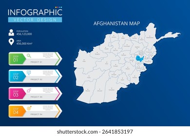 Afghanistan map with location pointer marks. High detailed country map with division, cities and capital infographic template. Vector illustration EPS10