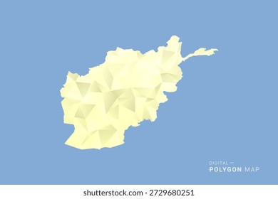 Mapa do Afeganistão em estilo vetorial de polígono baixo, ilustração de forma geométrica com tons suaves amarelos no fundo azul, silhueta limpa para infográfico.