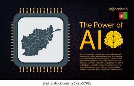 Afghanistan map with microchip war and AI concept on circuit board, Power of AI with country map. Global connectivity with big data. Design for UI backgrounds or FinTech projects.