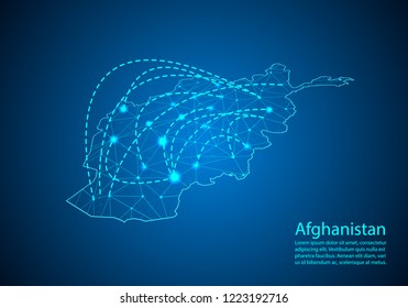 Afghanistan map with nodes linked by lines. concept of global communication and business. Dark Afghanistan map created from white dots with travel locations or internet connection.