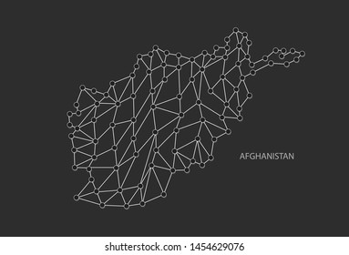 Afghanistan Map Point scales on dark background. Wire frame polygonal network line, dot and white line.
