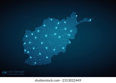 Afghanistan map radial dotted pattern in futuristic style, design blue circle glowing outline made of stars. concept of communication on dark blue background. Vector EPS10