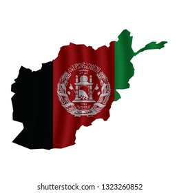 Afghanistan map with rippled flag on white illustration. Waving Fabric Flag Map of Afghanistan. Map of Asia. Vector White Background. Vector illustration eps10.