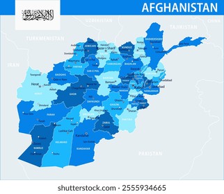 Afghanistan Map Vector Blue Spot - Customizable layered political map of Afghanistan with administrative divisions for website, education, reports, news, politics, print, poster and wallpaper