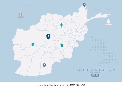 Afghanistan Map -World Map International vector template High detailed with white color isolated on blue background including simple point of location, tree, boat icon - Vector illustration eps 10