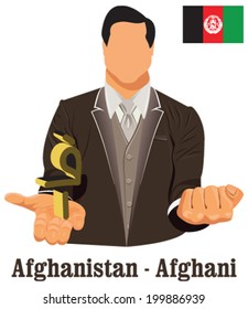 Afghanistan national currency Afghan afghani symbol representing money and Flag. Vector design concept of businessman in suit with open hand over with currency isolated on white background in EPS10.