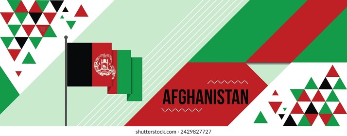 Afghanistan national or independence day banner for country celebration. Flag of Afghanistan with raised fists. Modern retro design with typorgaphy abstract geometric icons. Vector illustration	