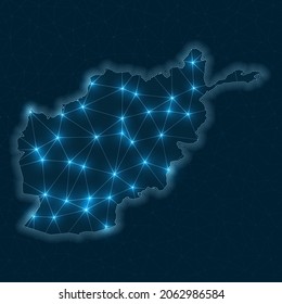 Afghanistan network map. Abstract geometric map of the country. Digital connections and telecommunication design. Glowing internet network. Awesome vector illustration.