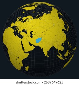 Afghanistan on Globe. Country view on the world map in Charcoal Bright Yellow color palette. Afghanistan shape on map. Globe with meridians, parallels, countries, rivers and lakes.