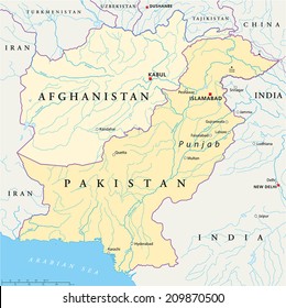 Afghanistan and Pakistan Political Map with capitals Kabul and Islamabad, with national borders, most important cities, rivers and lakes. Illustration with English labeling and scaling.