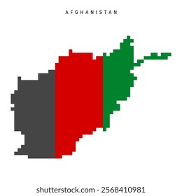 Afghanistan pixel flag map icon. 8 bit pixel art Afghan map covered with flag. Flat vector illustration isolated on white background.