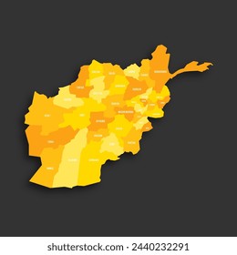 Afghanistan political map of administrative divisions - provinces. Yellow shade flat vector map with name labels and dropped shadow isolated on dark grey background.