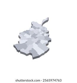 Afghanistan political map of administrative divisions - provinces. 3D isometric blank vector map in shades of grey.