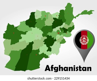Afghanistan political map with green shades and map pointer.