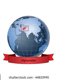 Afghanistan, position on the globe Vector version with separate layers for globe, grid, land, borders, state, frame; fully editable