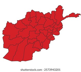 Afghanistan red map with border of regions outline vector