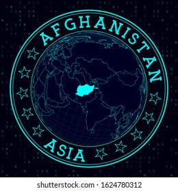 Afghanistan round sign. Futuristic satellite view of the world centered on Afghanistan. Country badge with map, round text, and binary background. Amazing vector illustration.