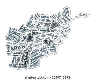 Afghanistan shape text cloud. Country border with shadow on white background. Afghanistan with regions division in vintage gazette style. Artistic vector illustration.