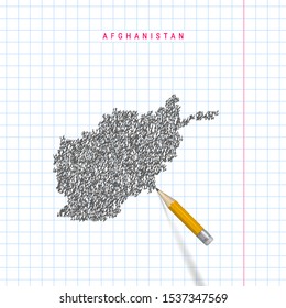 Afghanistan sketch scribble vector map drawn on checkered school notebook paper background
