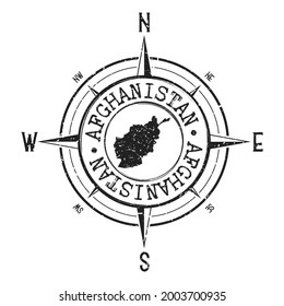 Aventura de la brújula del mapa de sellos de Afganistán. Ilustración Símbolo de país de viaje. Icono de la rosa del viento de la Expedición de sello.