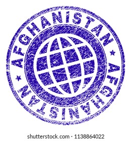 AFGHANISTAN stamp print with distress texture. Blue vector rubber seal imprint of AFGHANISTAN label with corroded texture. Seal has words arranged by circle and globe symbol.