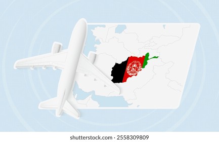 Afghanistan Travel Illustration with Plane and National Flag. Ideal for travel agencies, promotional materials, or geographic content related to Afghanistan.