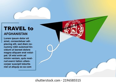 Afghanistan travel vector banner with paper flag and text space, Afghanistan country flag on paper plane, holiday and vacation concept, summer travel template and pattern, flight ticket idea
