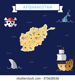 Afghanistan treasure map in flat design. Colorful cartoon treasure map of Afghanistan with flat design icons of pirate ship and jolly roger. Afghanistan flat design vector illustration.