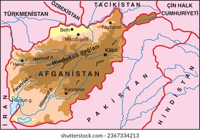 Afganistán, Irán, Turkmenistán, Uzbekistán, Tayikistán, montañas Hindu Kush, India, República Popular China, Pakistán, Mar Caspio, Georgia, Azerbaiyán, Irán, Mar Negro, Mar de Mármara, Turquía, Mapa,