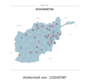 Afghanistan vector map. Editable template with regions, cities, red pins and blue surface on white background. 