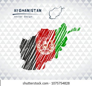 Afghanistan vector map with flag inside isolated on a white background. Sketch chalk hand drawn illustration
