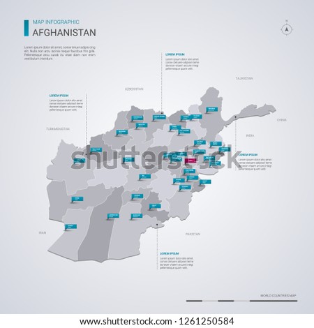 Afghanistan vector map with infographic elements, pointer marks. Editable template with regions, cities and capital Kabul. 