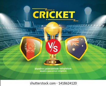 Afghanistan vs Australia Cricket Championship banner with winning golden trophy and stadium background