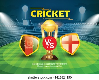 Afghanistan vs England Cricket Championship banner with winning golden trophy and stadium background