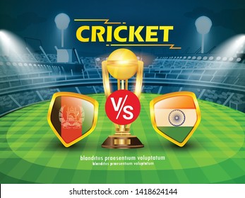 Afghanistan vs india Cricket Championship banner with winning golden trophy and stadium background