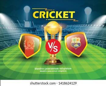 Afghanistan Vs West Indies Cricket Championship Banner With Winning Golden Trophy And Stadium Background